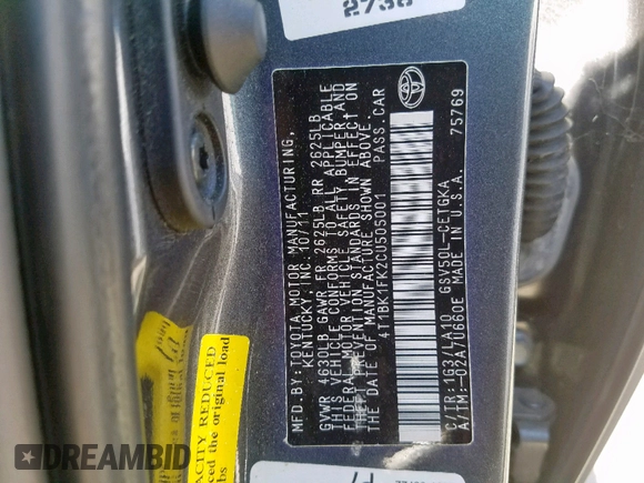 2012 Toyota Camry SE with VIN 4T1BK1FK2CU505001, listed as a Copart auction lot 50373514 with 49,434 mi miles and Salvage Title. Bid and sale history available at carsss.com. Image 10.