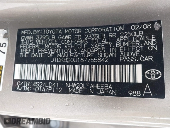 2008 Toyota Prius z VIN JTDKB20U187755842, wystawiony jako IAAI lot #42510885 z przebiegiem 261 217 mil mil oraz . Historia ofert i sprzedaży dostępna na DreamBid. Obrazek 9.