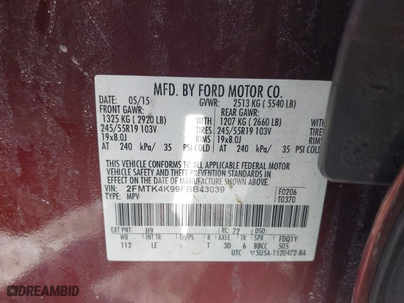 2015 Ford Edge Titanium with VIN 2FMTK4K99FBB43039, listed as a IAAI auction lot 41406613 with 115,524 mi miles. Bid and sale history available at carsss.com. Image 9.