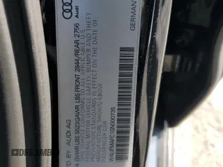 2016 Audi A6 Premium Plus with VIN WAUFMAFC1GN000735, listed as a Copart auction lot 60541845 with 54,537 mi miles and Salvage title. Bid and sale history available at DreamBid. Image 13.