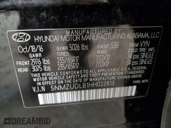 2017 Hyundai Santa Fe 2.4L with VIN 5NMZUDLB1HH022813, listed as a Copart auction lot 76973494 with 100,866 mi miles and Salvage title. Bid and sale history available at DreamBid. Image 12.