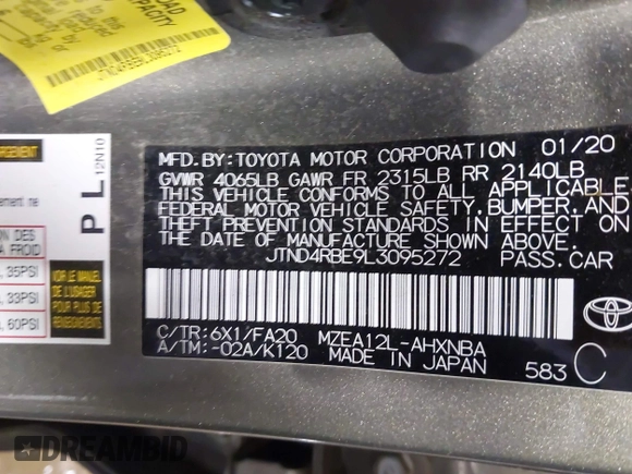 2020 Toyota Corolla SE with VIN JTND4RBE9L3095272, listed as a IAAI auction lot 41593236 with 58,304 mi miles and . Bid and sale history available at DreamBid. Image 9.