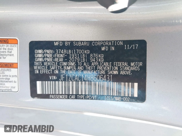 2017 Subaru BRZ Limited with VIN JF1ZCAC14H8606431, listed as a IAAI auction lot 41606857 with 56,118 mi miles. Bid and sale history available at carsss.com. Image 9.