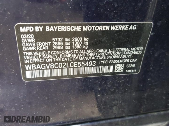 2020 BMW 8 Series M850i with VIN WBAGV8C02LCE55493, listed as a Copart auction lot 47229635 with Not provided miles and Salvage title. Bid and sale history available at DreamBid. Image 12.