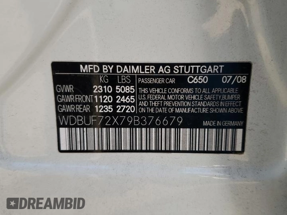 2009 Mercedes-Benz E-Class Sport 5.5L with VIN WDBUF72X79B376679, listed as a Copart auction lot 87035824 with 0 mi miles and Salvage Title. Bid and sale history available at carsss.com. Image 12.