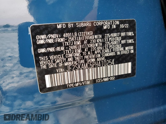 2023 Subaru Forester Wilderness with VIN JF2SKAMC5PH410254, listed as a Copart auction lot 62316355 with 22,062 mi miles and Salvage title. Bid and sale history available at DreamBid. Image 13.