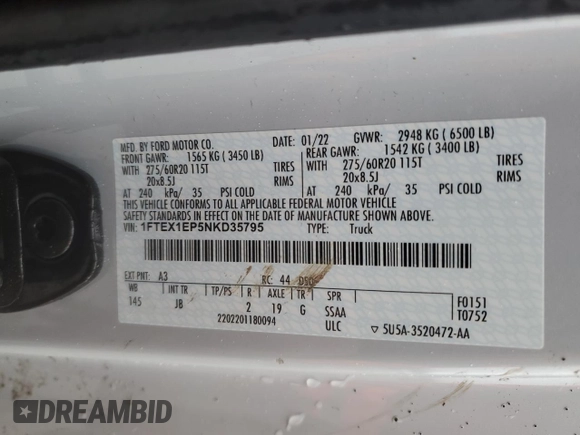 2022 Ford F-150 XL z VIN 1FTEX1EP5NKD35795, wystawiony jako Copart lot #86301484 z przebiegiem 42 469 mil mil oraz Szkoda całkowita • Salvage title. Historia ofert i sprzedaży dostępna na DreamBid. Obrazek 12.