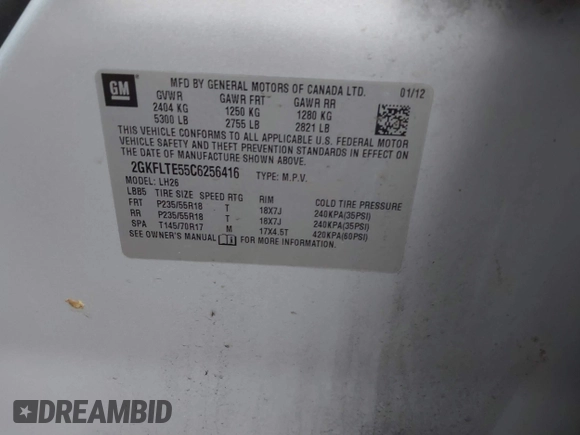 2012 GMC Terrain SLE-2 with VIN 2GKFLTE55C6256416, listed as a IAAI auction lot 41046654 with Not Provided miles and . Bid and sale history available at DreamBid. Image 9.