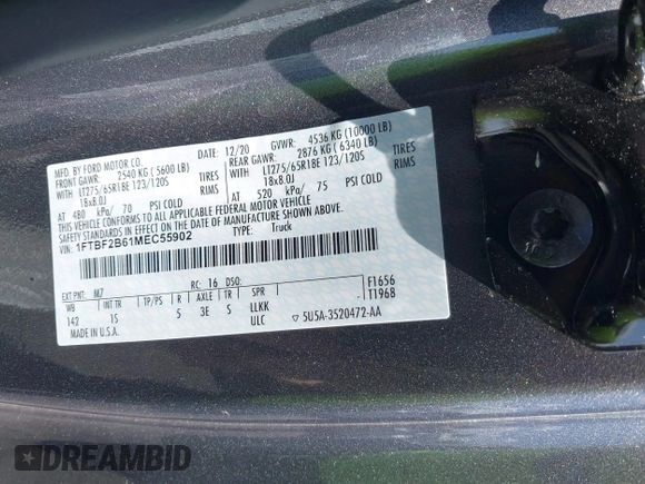 2021 Ford F-250 XL with VIN 1FTBF2B61MEC55902, listed as a IAAI auction lot 42387888 with Not provided miles and . Bid and sale history available at DreamBid. Image 9.