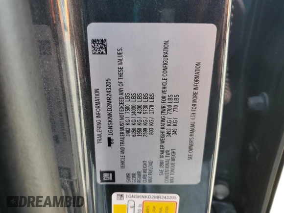 2021 Chevrolet Tahoe LT with VIN 1GNSKNKD2MR243205, listed as a Copart auction lot 61461115 with 109,782 mi miles and Salvage title. Bid and sale history available at DreamBid. Image 13.