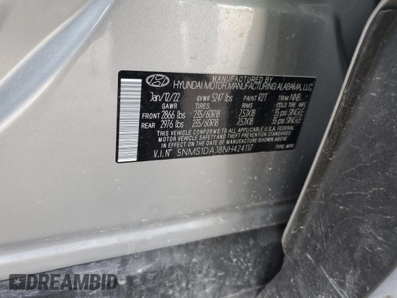 2022 Hyundai Santa Fe SE with VIN 5NMS1DAJ8NH424117, listed as a Copart auction lot 83401824 with 42,767 mi miles and Salvage Title. Bid and sale history available at carsss.com. Image 13.
