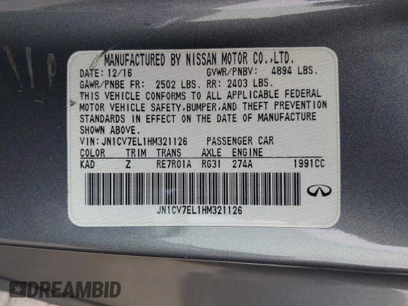 2017 Infiniti Q60 2.0t with VIN JN1CV7EL1HM321126, listed as a IAAI auction lot 41967092 with 72,158 mi miles and . Bid and sale history available at DreamBid. Image 9.