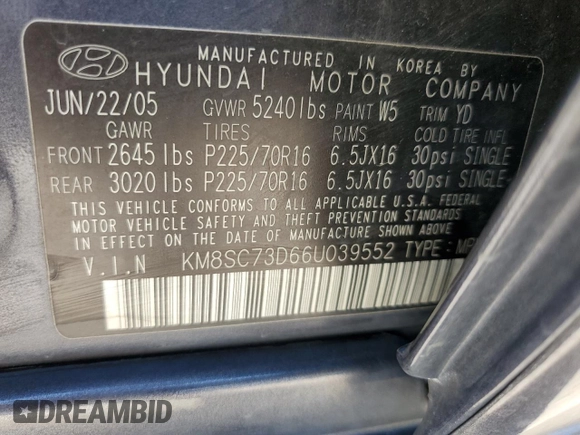 2006 Hyundai Santa Fe GLS with VIN KM8SC73D66U039552, listed as a Copart auction lot 72468624 with 161,221 mi miles and Salvage Title. Bid and sale history available at carsss.com. Image 14.