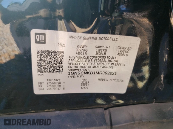 2021 Chevrolet Tahoe LT with VIN 1GNSCNKD1MR363221, listed as a Copart auction lot 49386995 with 59,789 mi miles and Salvage title. Bid and sale history available at DreamBid. Image 15.