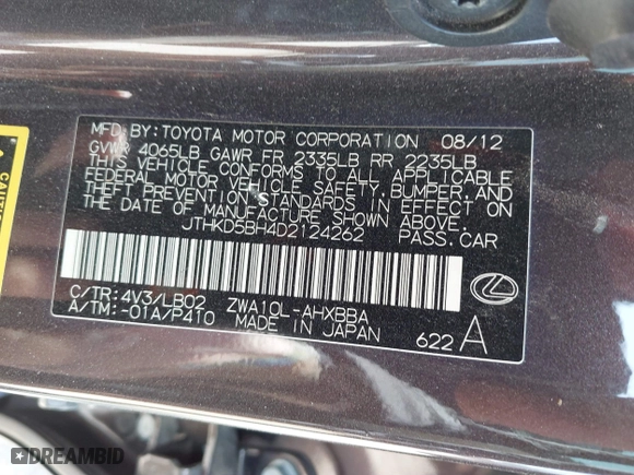 2013 Lexus CT 200h Hybrid with VIN JTHKD5BH4D2124262, listed as a IAAI auction lot 41823904 with 114,755 mi miles. Bid and sale history available at carsss.com. Image 9.