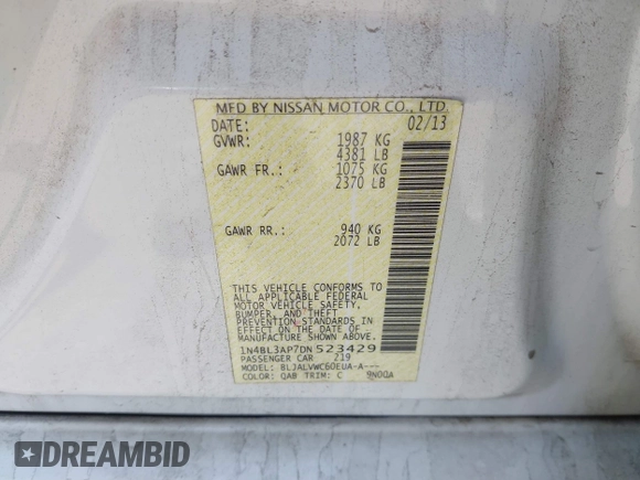 2013 Nissan Altima SV with VIN 1N4BL3AP7DN523429, listed as a IAAI auction lot 42016429 with 188,953 mi miles and . Bid and sale history available at DreamBid. Image 9.