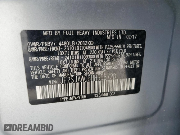 2017 Subaru Forester Touring with VIN JF2SJAWC6HH556728, listed as a Copart auction lot 54914055 with 112,686 mi miles and Salvage title. Bid and sale history available at DreamBid. Image 13.