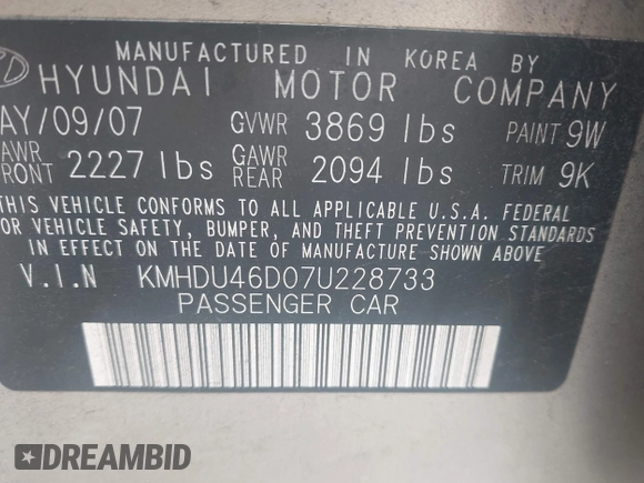 2007 Hyundai Elantra GLS z VIN KMHDU46D07U228733, wystawiony jako IAAI lot #42406987 z przebiegiem 125 879 mil mil oraz . Historia ofert i sprzedaży dostępna na DreamBid. Obrazek 9.