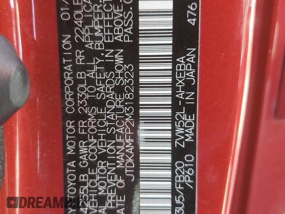 2021 Toyota Prius LE z VIN JTDKAMFP2M3182323, wystawiony jako Copart lot #54396715 z przebiegiem 68 525 mil mil oraz Szkoda całkowita • Salvage title. Historia ofert i sprzedaży dostępna na DreamBid. Obrazek 13.