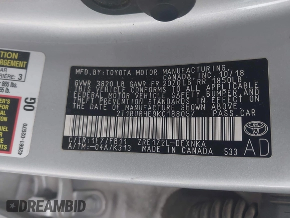 2019 Toyota Corolla L z VIN 2T1BURHE9KC188057, wystawiony jako IAAI lot #41298552 z przebiegiem 156 185 mil mil oraz . Historia ofert i sprzedaży dostępna na DreamBid. Obrazek 9.
