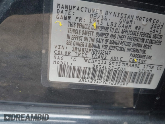 2016 Nissan Sentra S with VIN 3N1AB7AP7GY232147, listed as a IAAI auction lot 41720472 with 169,634 mi miles. Bid and sale history available at carsss.com. Image 9.