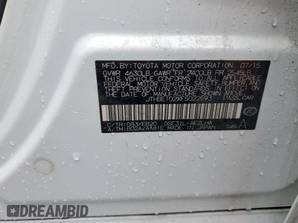 2015 Lexus IS 350 with VIN JTHBE1D2XF5022593, listed as a Copart auction lot 56003135 with 123,606 mi miles and Salvage title. Bid and sale history available at DreamBid. Image 12.