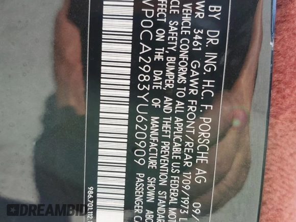 2000 Porsche Boxster с VIN WP0CA2983YU620909, выставлен на аукционе Copart как лот 58087035 с пробегом 99 845 миль миль и Чистый • Clean title. История ставок и продаж доступна на DreamBid. Изображение 12.
