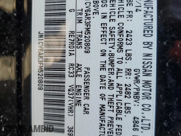 2015 Infiniti Q40 with VIN JN1CV6AR3FM520809, listed as a Copart auction lot 81739394 with Not Provided miles and Salvage Title. Bid and sale history available at DreamBid. Image 12.