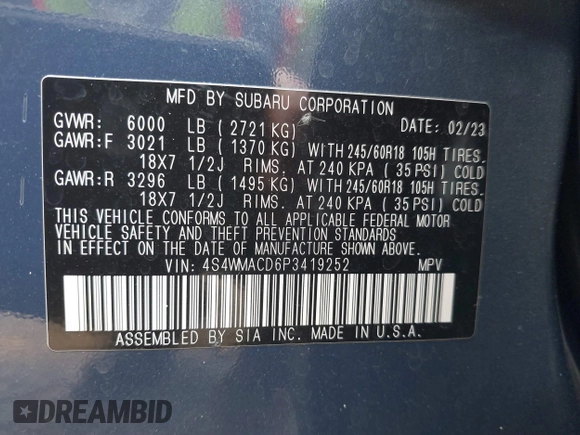 2023 Subaru Ascent Premium z VIN 4S4WMACD6P3419252, wystawiony jako IAAI lot #40145883 z przebiegiem 22 589 mil mil oraz . Historia ofert i sprzedaży dostępna na DreamBid. Obrazek 9.