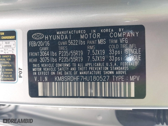 2017 Hyundai Santa Fe Limited Ultimate with VIN KM8SRDHF7HU180527, listed as a IAAI auction lot 41557692 with 89,415 mi miles. Bid and sale history available at carsss.com. Image 9.