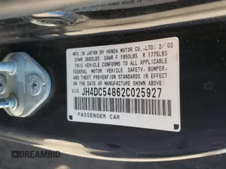 2002 Acura RSX Auto with VIN JH4DC54862C025927, listed as a Copart auction lot 52763365 with 183,885 mi miles and Non Repairable. Bid and sale history available at carsss.com. Image 12.