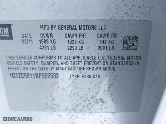 2011 Chevrolet Malibu LT w/1LT with VIN 1G1ZC5E11BF306582, listed as a IAAI auction lot 41747792 with 183,772 mi miles. Bid and sale history available at carsss.com. Image 9.