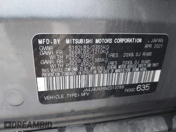 2022 Mitsubishi Outlander SE with VIN JA4J4UA8XNZ013789, listed as a IAAI auction lot 42572318 with 47,467 mi miles and . Bid and sale history available at DreamBid. Image 9.
