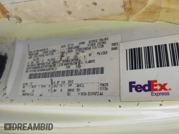 2010 Ford Econoline Cargo Commercial with VIN 1FTNE1EW8ADA91815, listed as a IAAI auction lot 42490962 with 217,100 mi miles and . Bid and sale history available at DreamBid. Image 9.