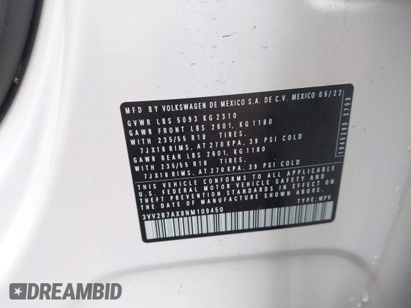 2022 Volkswagen Tiguan SE z VIN 3VV2B7AX8NM109450, wystawiony jako IAAI lot #42248707 z przebiegiem 18 603 mil mil oraz . Historia ofert i sprzedaży dostępna na DreamBid. Obrazek 9.