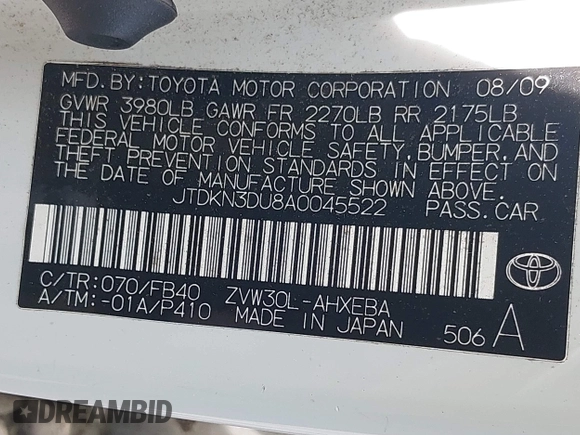 2010 Toyota Prius II with VIN JTDKN3DU8A0045522, listed as a IAAI auction lot 42092044 with 269,694 mi miles and . Bid and sale history available at DreamBid. Image 9.