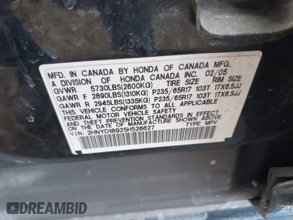 2005 Acura MDX Touring with VIN 2HNYD18925H526627, listed as a IAAI auction lot 41342488 with 237,769 mi miles. Bid and sale history available at carsss.com. Image 9.