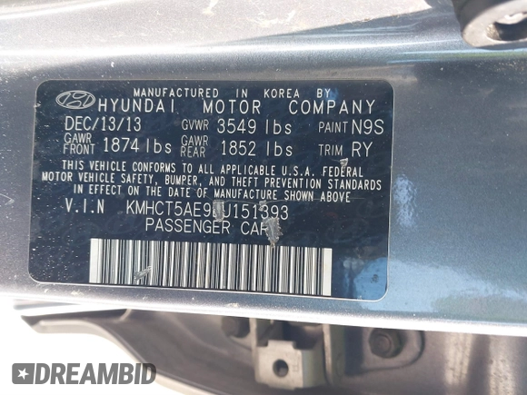 2014 Hyundai Accent GS with VIN KMHCT5AE9EU151393, listed as a IAAI auction lot 41571254 with 163,092 mi miles. Bid and sale history available at carsss.com. Image 9.