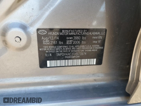 2015 Hyundai Elantra SE z VIN 5NPDH4AE2FH573974, wystawiony jako Copart lot #55944695 z przebiegiem Nie podano mil oraz Szkoda całkowita • Salvage title. Historia ofert i sprzedaży dostępna na DreamBid. Obrazek 13.