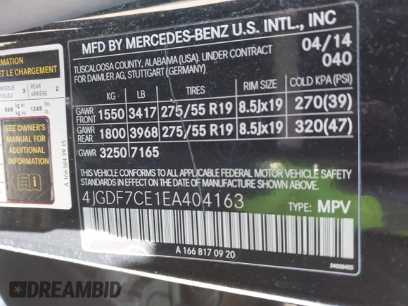 2014 Mercedes-Benz GL 450 with VIN 4JGDF7CE1EA404163, listed as a IAAI auction lot 40596433 with Not provided miles and . Bid and sale history available at DreamBid. Image 9.