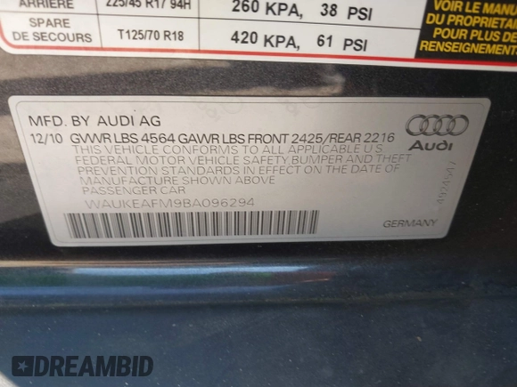 2011 Audi A3 Premium Plus with VIN WAUKEAFM9BA096294, listed as a IAAI auction lot 41414521 with 123,566 mi miles and . Bid and sale history available at DreamBid. Image 9.