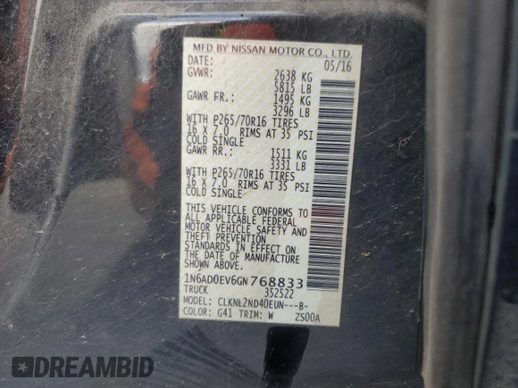 2016 Nissan Frontier Pro-4X with VIN 1N6AD0EV6GN768833, listed as a Copart auction lot 50269625 with 153,149 mi miles and Salvage title. Bid and sale history available at DreamBid. Image 12.