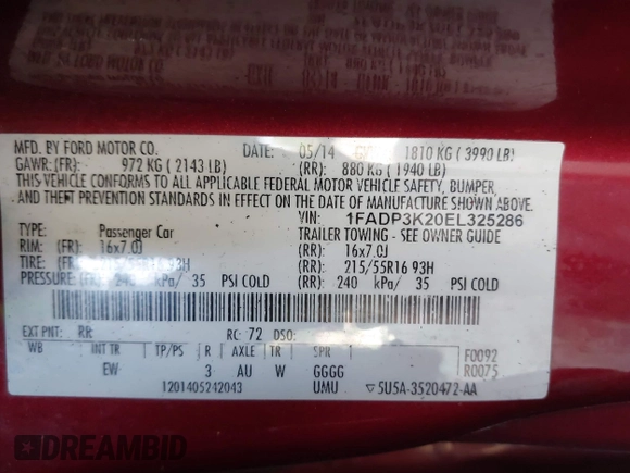 2014 Ford Focus SE with VIN 1FADP3K20EL325286, listed as a IAAI auction lot 42076013 with 119,271 mi miles. Bid and sale history available at carsss.com. Image 9.