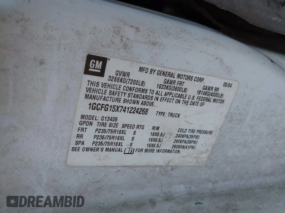 2004 Chevrolet Express Cargo z VIN 1GCFG15X741224268, wystawiony jako IAAI lot #41788116 z przebiegiem Nie podano mil oraz . Historia ofert i sprzedaży dostępna na DreamBid. Obrazek 9.