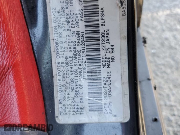 2002 Toyota Celica GT with VIN JTDDR32T120128461, listed as a Copart auction lot 78031324 with 185,315 mi miles and Salvage Title. Bid and sale history available at carsss.com. Image 12.