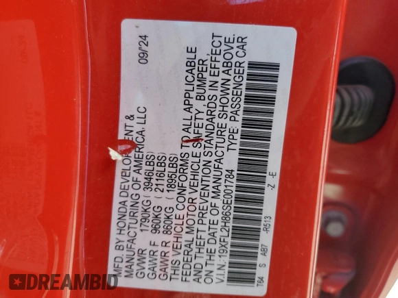 2025 Honda Civic Sport z VIN 19XFL2H86SE001784, wystawiony jako Copart lot #49440235 z przebiegiem 7558 mil mil oraz Szkoda całkowita • Salvage title. Historia ofert i sprzedaży dostępna na DreamBid. Obrazek 15.