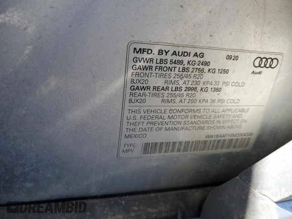 2021 Audi Q5 Premium Plus with VIN WA1BAAFY6M2004339, listed as a Copart auction lot 58202305 with 82,446 mi miles and Salvage title. Bid and sale history available at DreamBid. Image 12.