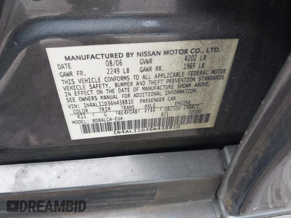 2006 Nissan Altima 2.5 with VIN 1N4AL11D36N438810, listed as a IAAI auction lot 42130583 with 131,742 mi miles and . Bid and sale history available at DreamBid. Image 9.