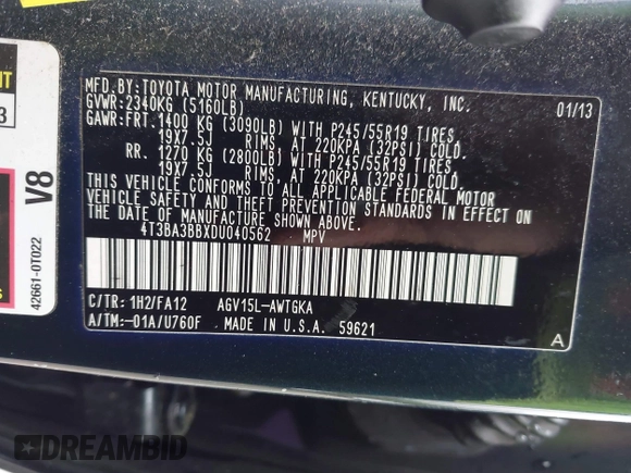 2013 Toyota Venza LE z VIN 4T3BA3BBXDU040562, wystawiony jako IAAI lot #42204488 z przebiegiem 173 367 mil mil oraz . Historia ofert i sprzedaży dostępna na DreamBid. Obrazek 9.