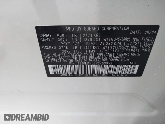 2024 Subaru Ascent Limited z VIN 4S4WMARD3R3453952, wystawiony jako IAAI lot #41628483 z przebiegiem 5 525 mil mil oraz . Historia ofert i sprzedaży dostępna na DreamBid. Obrazek 9.